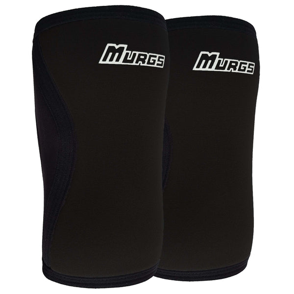 Pair of black knee sleeves with 'MURGS' branding on a white background