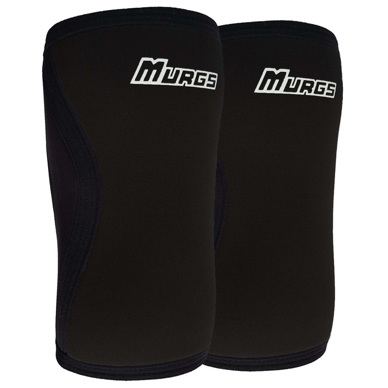 Pair of black knee sleeves with 'MURGS' branding on a white background