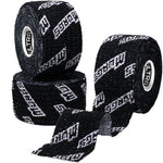 Three rolls of black tape with a brand logo on a white background