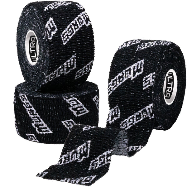 Three rolls of black tape with a brand logo on a white background