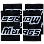 Black and white patterned wrist warmers with text on a white background