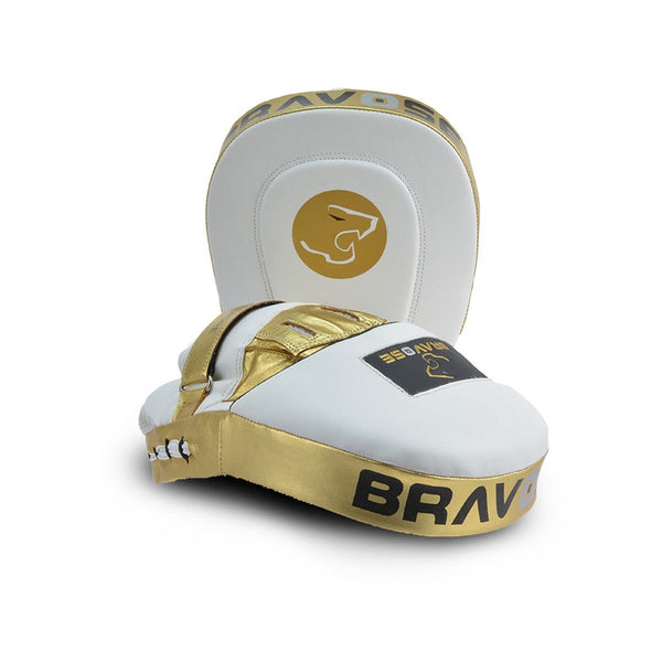 White and gold boxing mitt with 'Brave' branding on a white background
