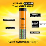 HIRO hydration tablet container with product features on a yellow background