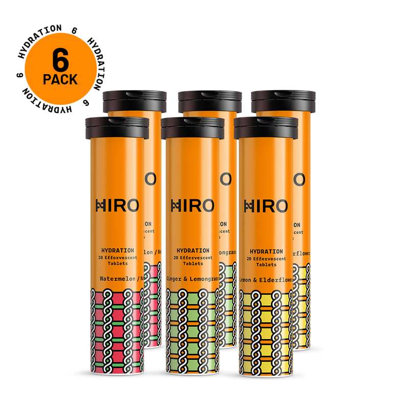 Six-pack of Niro hydration tablets on a white background