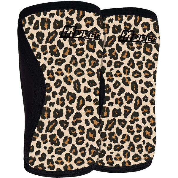 Pair of leopard print knee sleeves with black accents on a white background