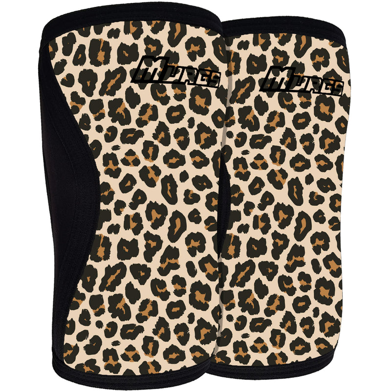 Pair of leopard print knee sleeves with black accents on a white background