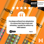 HIRO hydration tablets packaging with a five-star rating and customer review on an orange background.