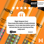 HIRO hydration tablets packaging with a five-star rating and customer review on an orange background.