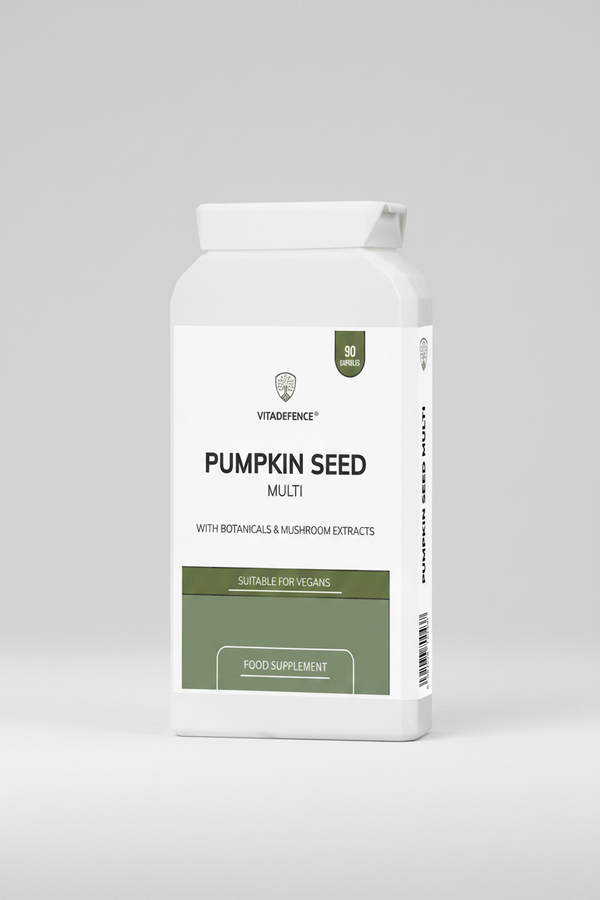 Vitadefence Pumpkin Seed Multi supplement bottle on a white background