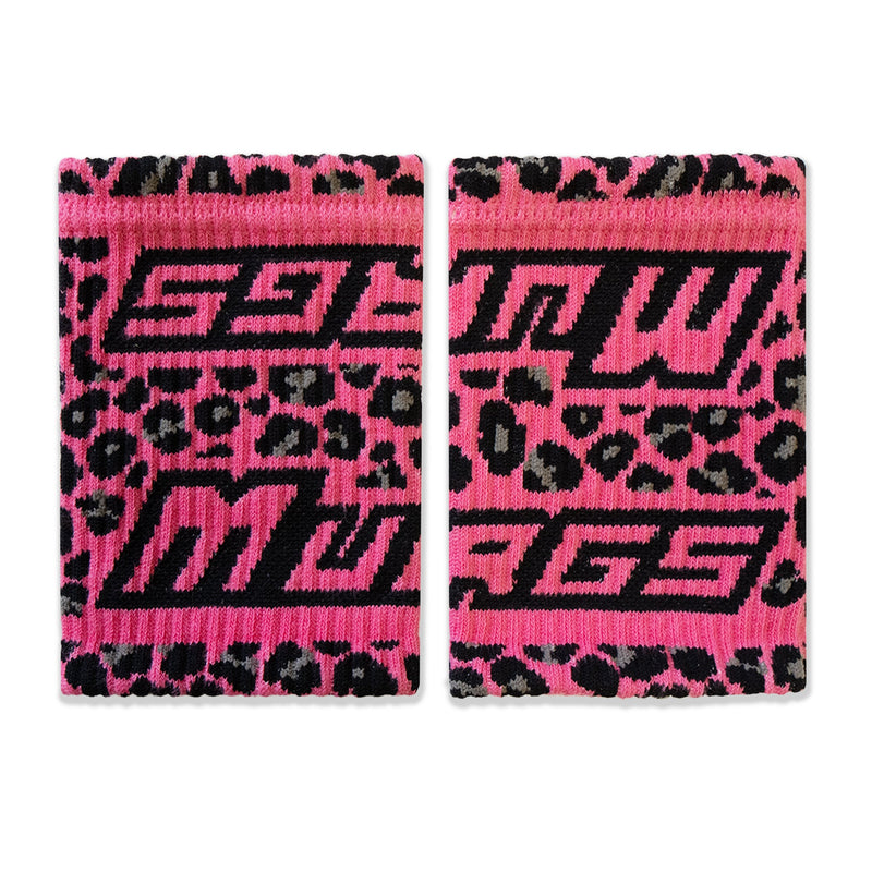 Pair of pink wristbands with black leopard print and 'Mugiwara' branding on a white background.