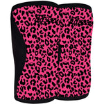Pair of pink knee sleeves with black leopard print pattern on a white background
