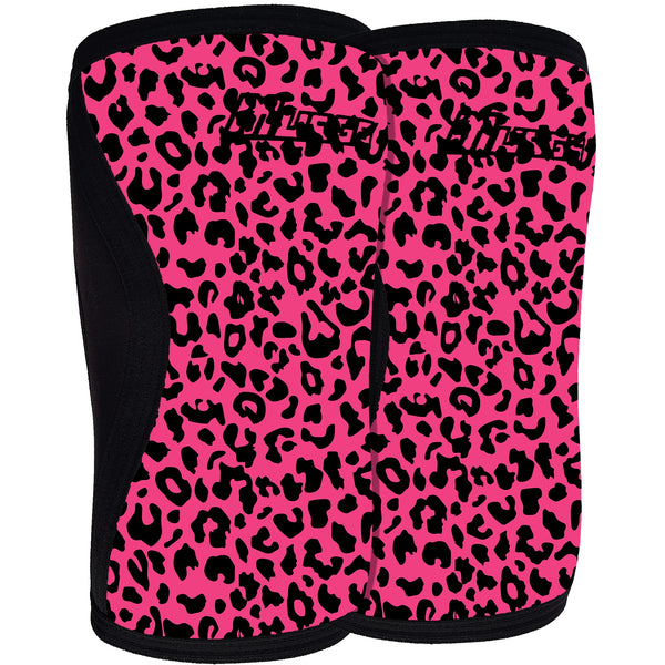 Pair of pink knee sleeves with black leopard print pattern on a white background