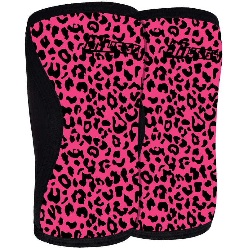 Pair of pink knee sleeves with black leopard print pattern on a white background