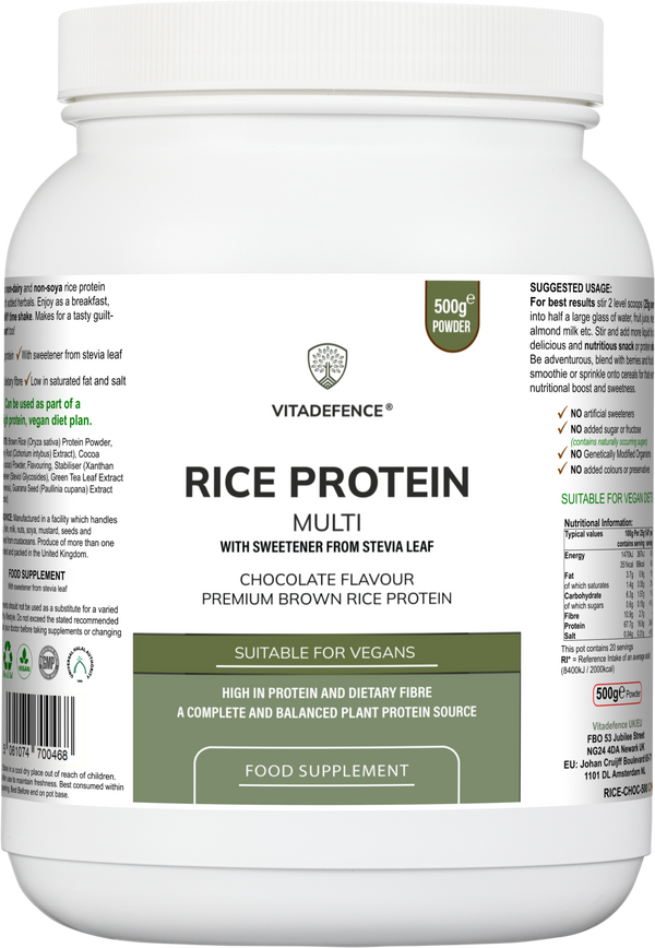 Vitadefence rice protein powder container with label on a white background