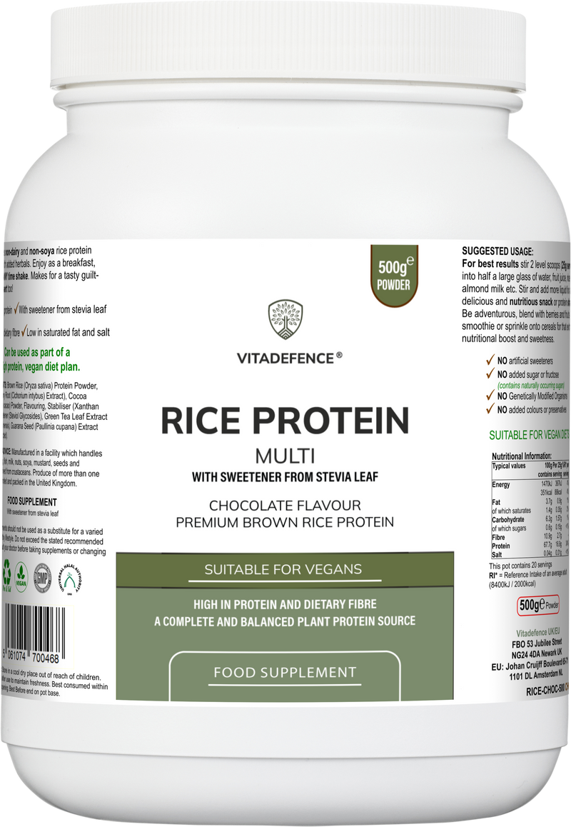 Vitadefence rice protein powder container with label on a white background