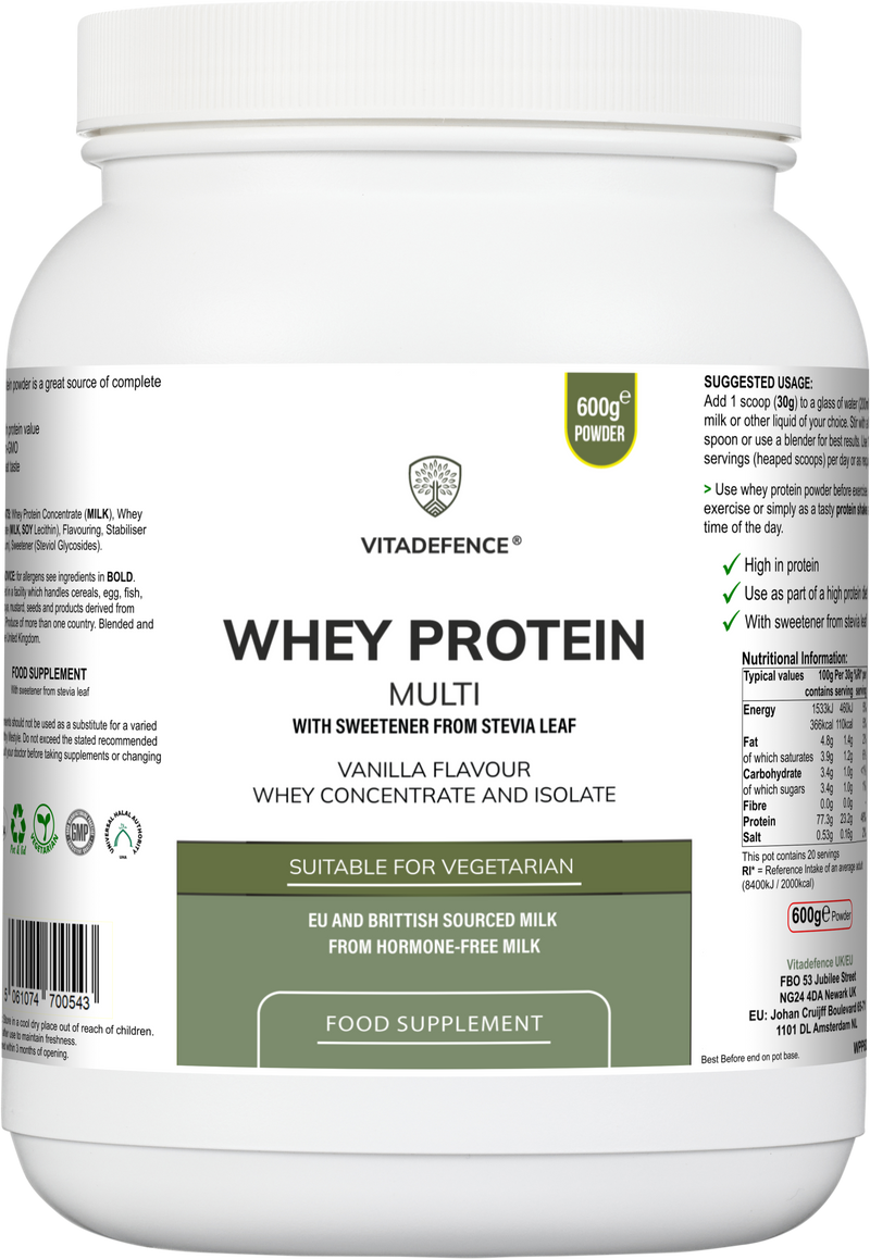 Vitadefence whey protein multi supplement container with label