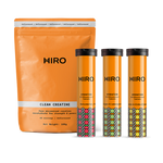 HIRO supplement package including an orange bag and three cylindrical containers on a white background