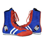 Blue and red boxing shoes with a brand logo on a white background