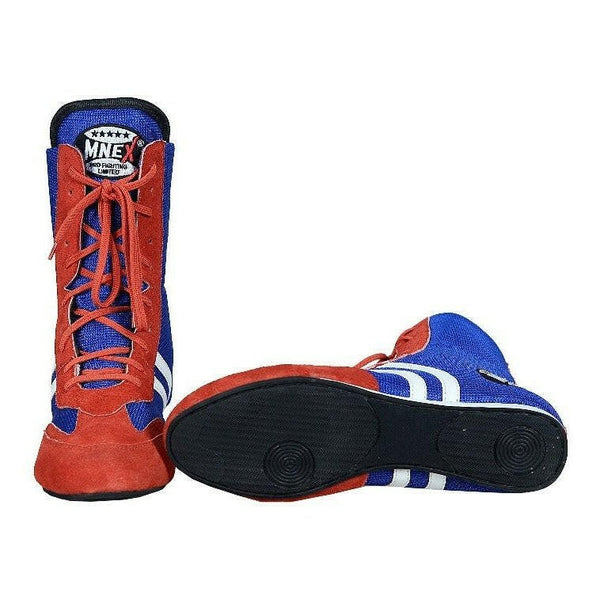 Red and blue boxing boots with a visible brand logo on a white background