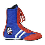 Blue and red boxing shoe with a brand logo on a white background