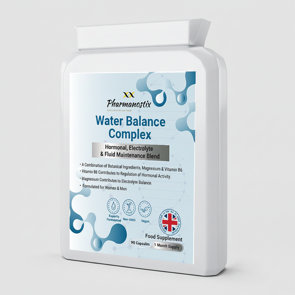 Supplement container labeled 'Water Balance Complex' by Pharmanostix on a white background