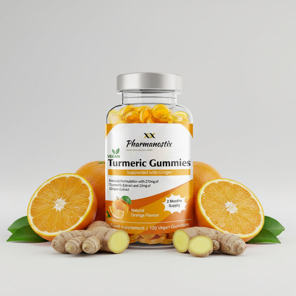 Bottle of Pharmanostix Turmeric Gummies on a white background