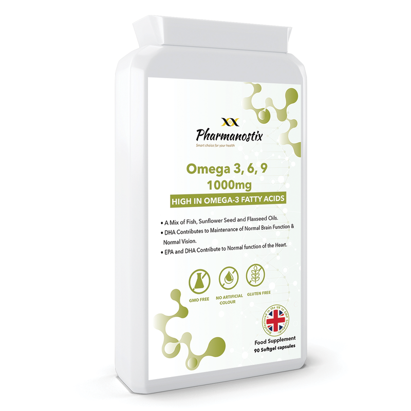 Pharmanostix Omega 3, 6, 9 supplement bottle on a white background