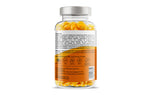 Supplement bottle with yellow capsules on a white background