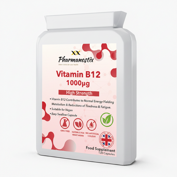 Vitamin B12 supplement container with red and white design on a white background