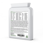Back view of a supplement container with detailed nutritional information on a white background