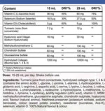 Nutritional label with content per 15 mL and 25 mL doses, including vitamins, minerals, and other substances.