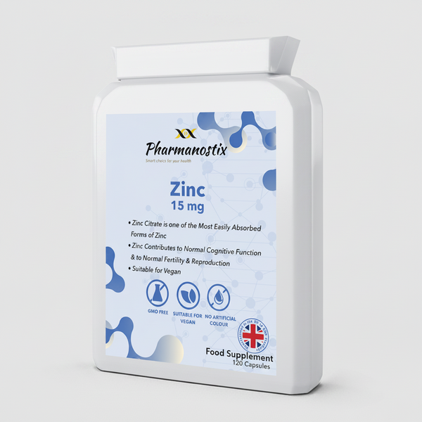 Pharmanostix Zinc 15 mg supplement container on a white background