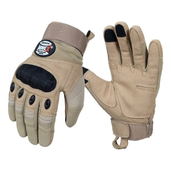 Pair of tan tactical gloves with black accents on a white background