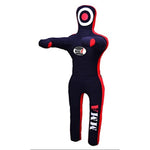 Black and red MMA training dummy with logos on a white background