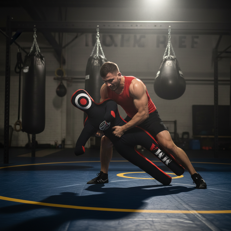 MMA training dummy with red and white accents on a white background