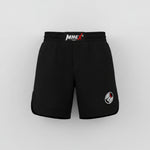 Black shorts with visible branding on a white background