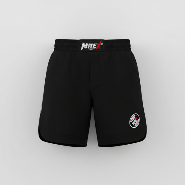 Black shorts with visible branding on a white background