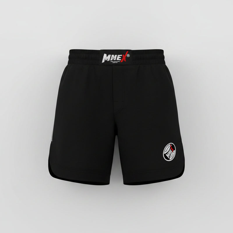 Black shorts with visible branding on a white background